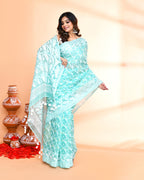Piyari Fashion Women's Light Turquoise Cotton Silk Jamdani Saree | Grocsy