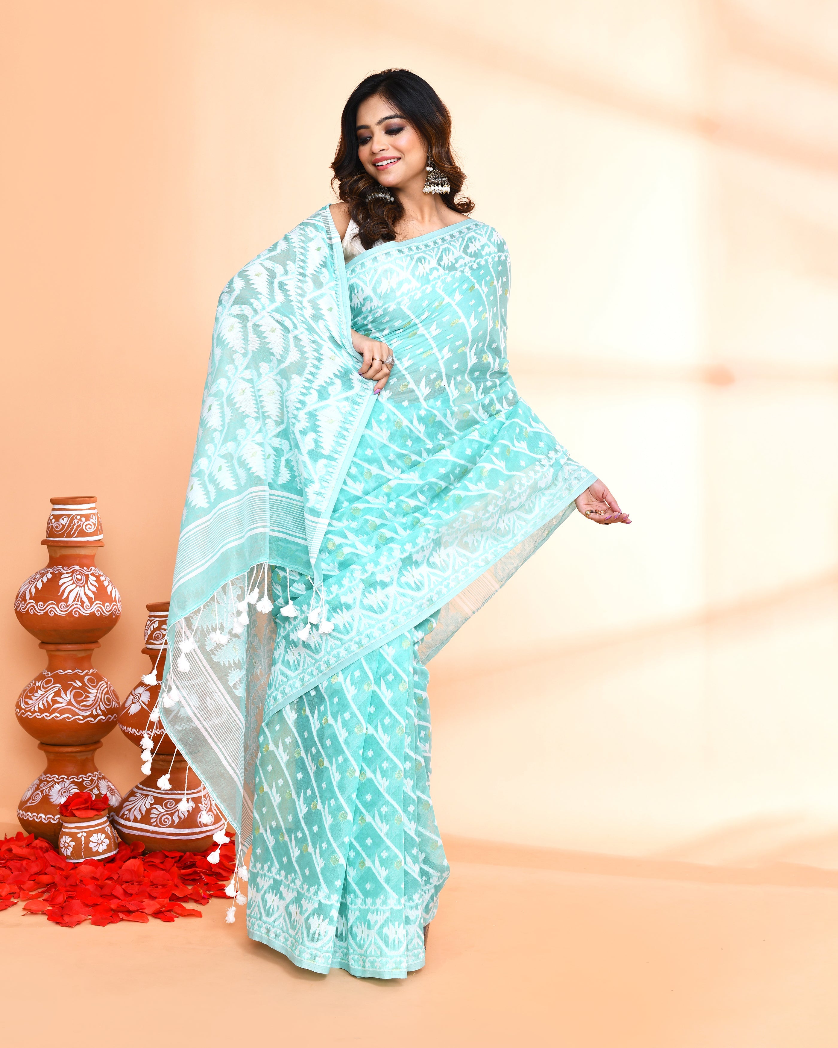 Piyari Fashion Women's Light Turquoise Cotton Silk Jamdani Saree | Grocsy