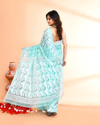 Piyari Fashion Women's Light Turquoise Cotton Silk Jamdani Saree | Grocsy