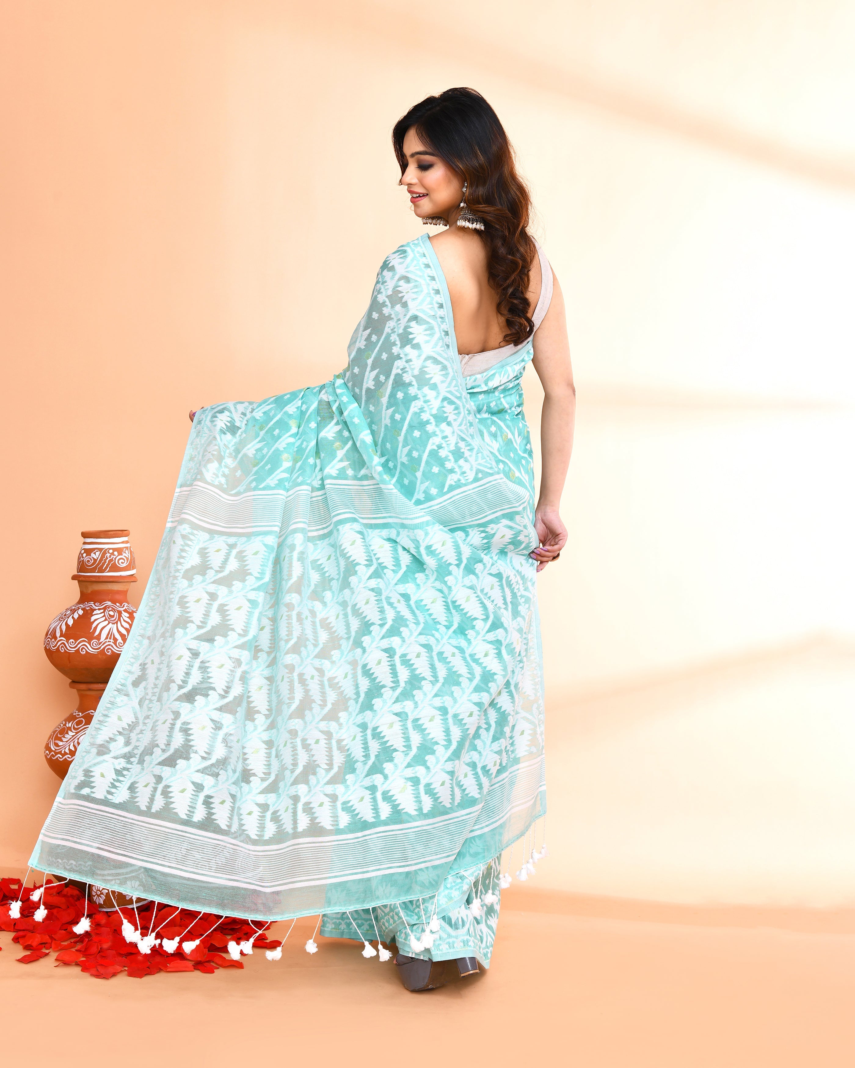 Piyari Fashion Women's Light Turquoise Cotton Silk Jamdani Saree | Grocsy
