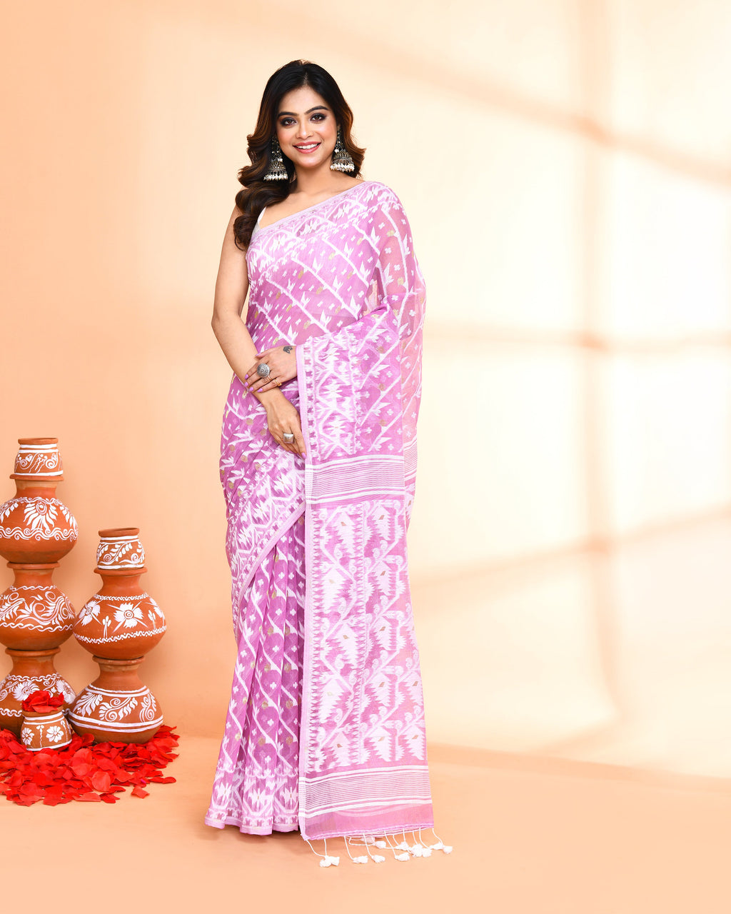 Piyari Fashion Women's Light Purple Cotton Silk Jamdani Saree | Grocsy