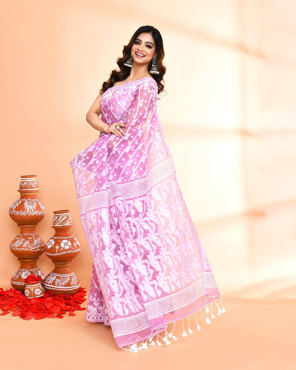 Piyari Fashion Women's Light Purple Cotton Silk Jamdani Saree | Grocsy