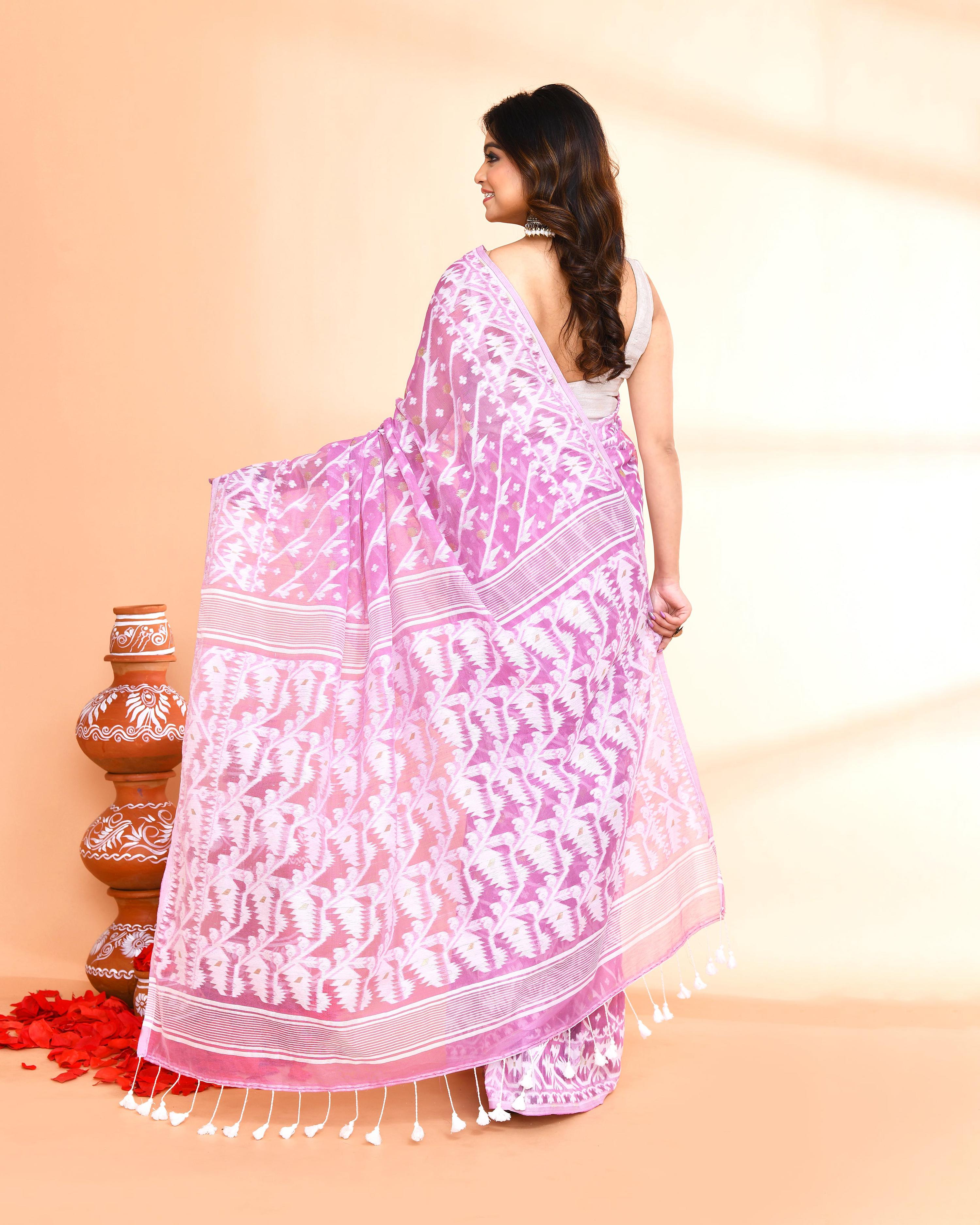 Piyari Fashion Women's Light Purple Cotton Silk Jamdani Saree | Grocsy