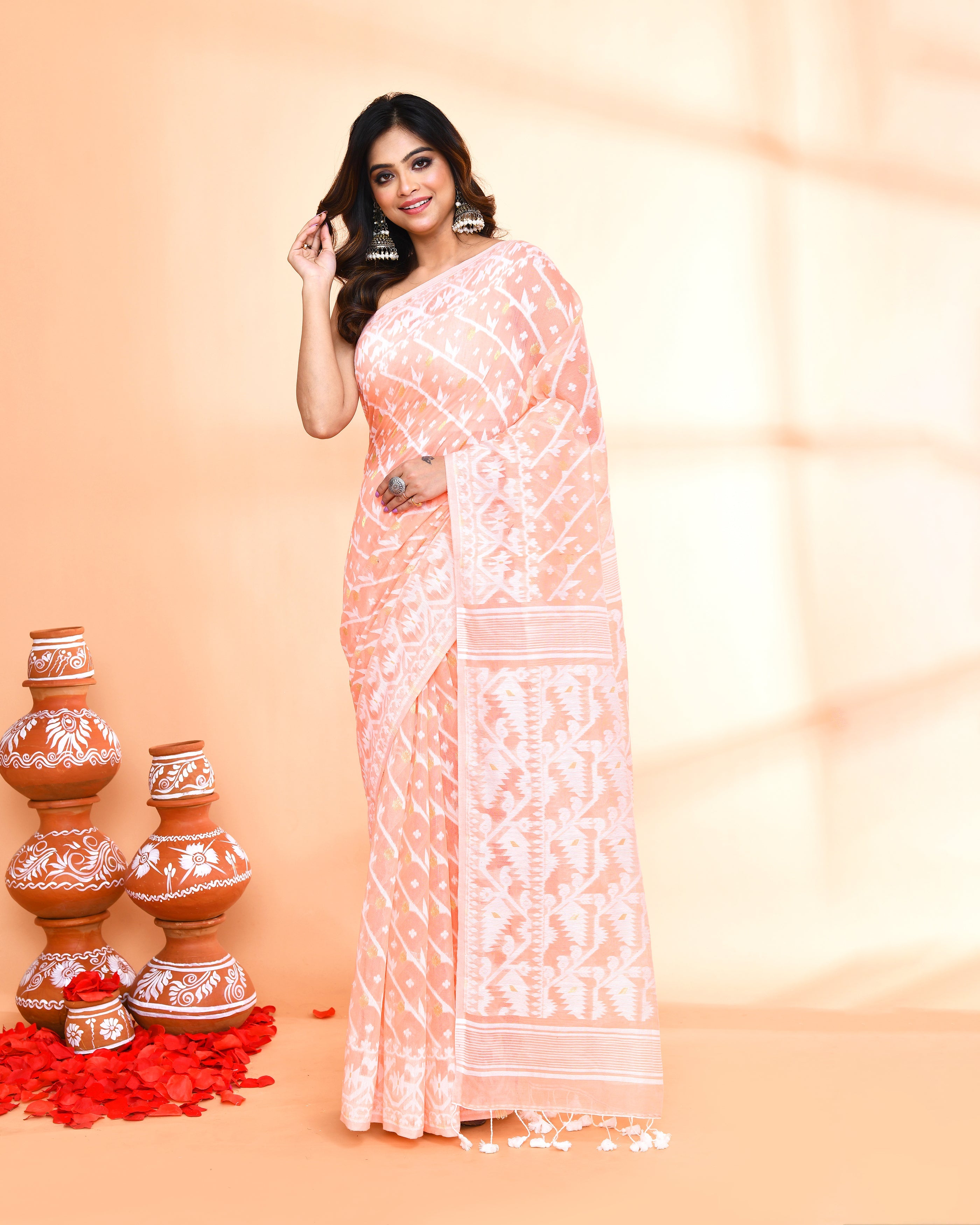 Piyari Fashion Women's Salmon Cotton Silk Jamdani Saree | Grocsy