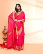 Piyari Fashion Women`s Cotton Silk Rani Pink Handloom Saree With Blouse | Grocsy