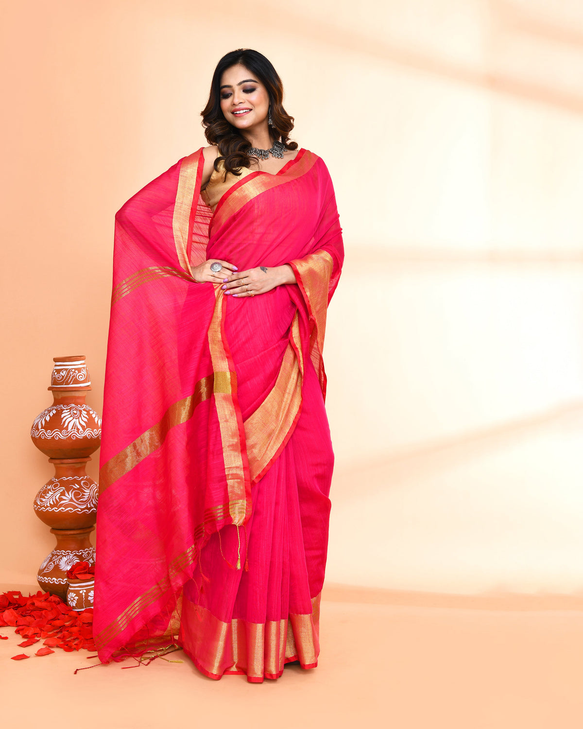 Piyari Fashion Women`s Cotton Silk Rani Pink Handloom Saree With Blouse | Grocsy