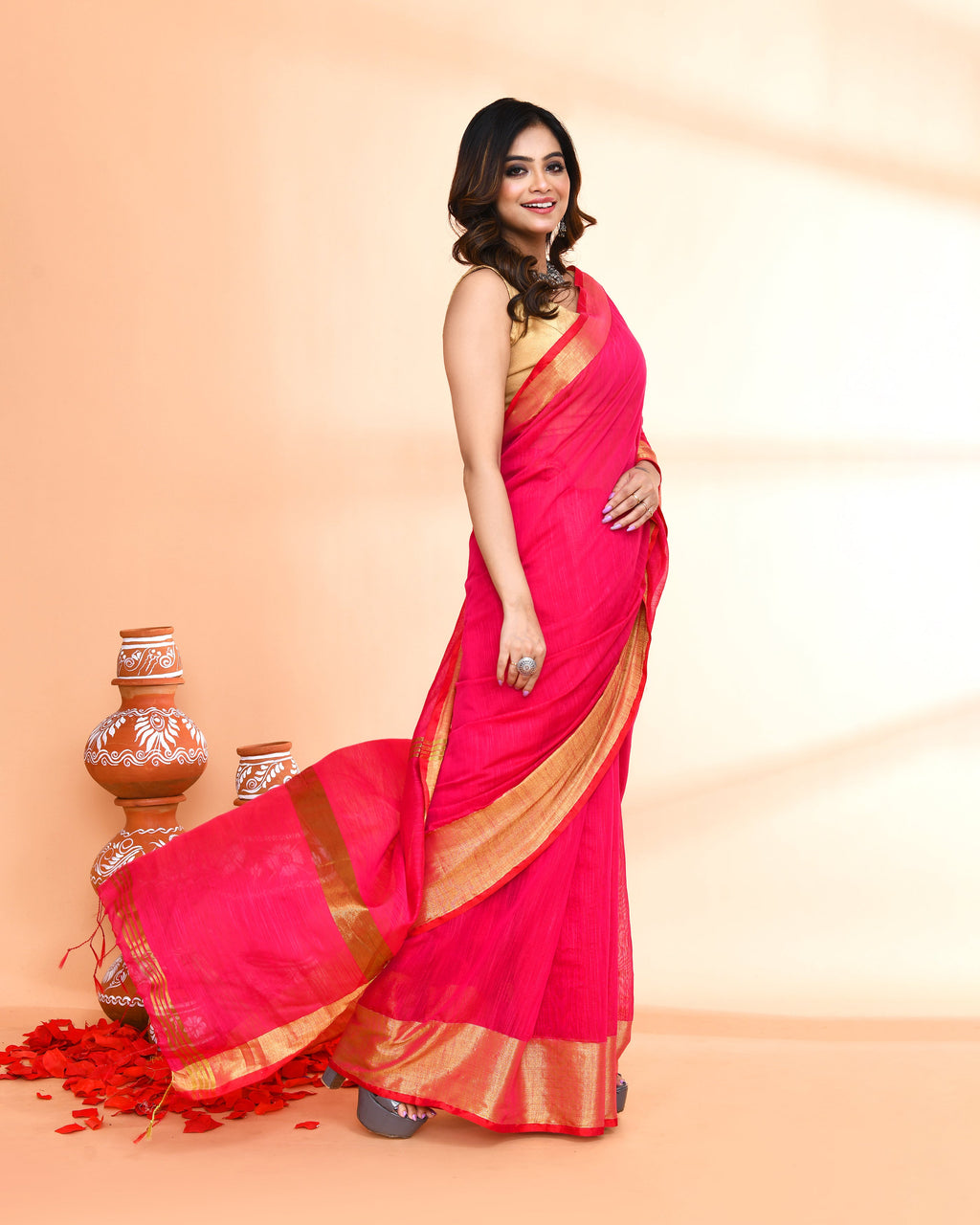 Piyari Fashion Women`s Cotton Silk Rani Pink Handloom Saree With Blouse | Grocsy