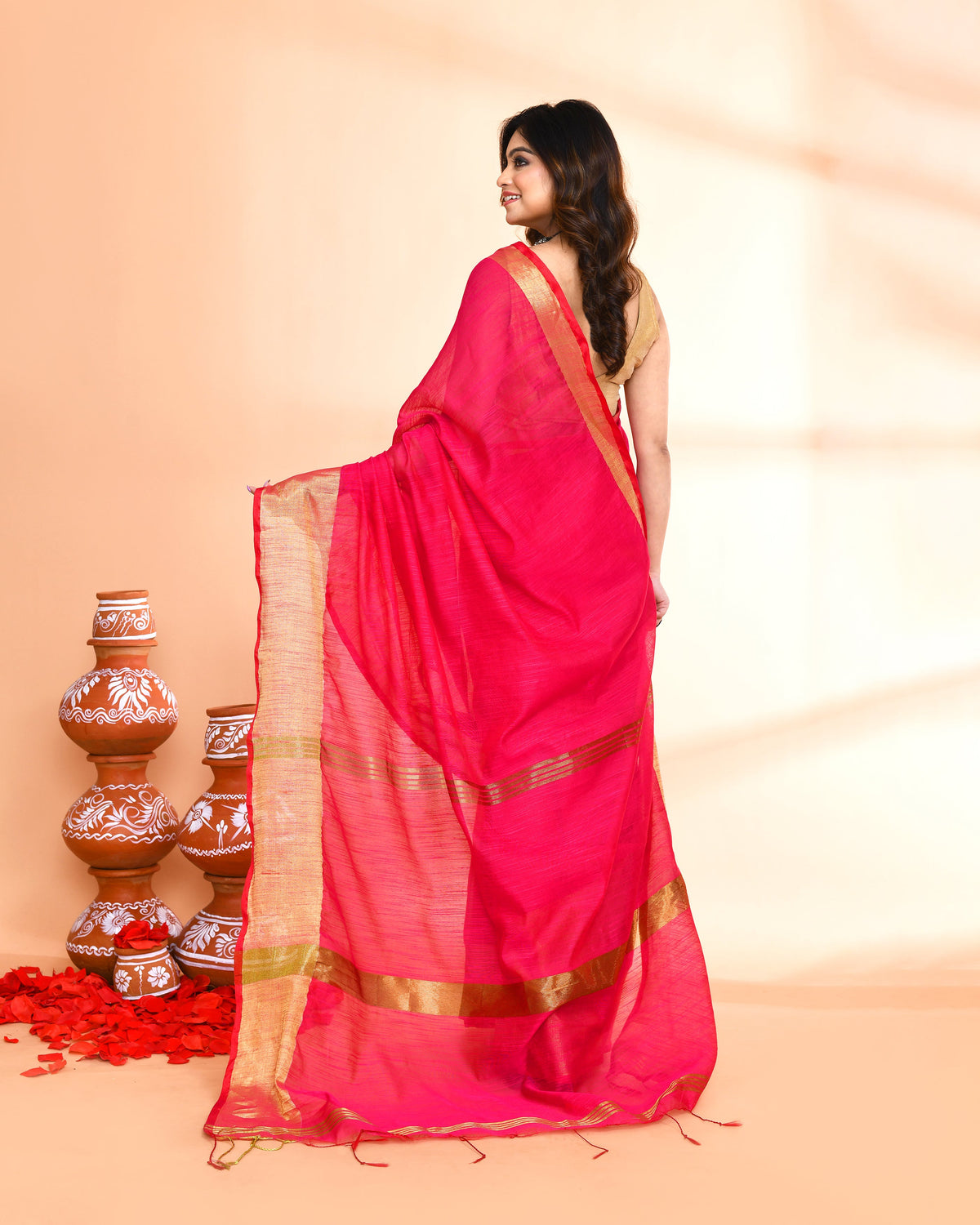 Piyari Fashion Women`s Cotton Silk Rani Pink Handloom Saree With Blouse | Grocsy
