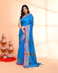 Piyari Fashion Women`s Cotton Silk Sky Blue Handloom Saree With Blouse | Grocsy