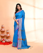 Piyari Fashion Women`s Cotton Silk Sky Blue Handloom Saree With Blouse | Grocsy