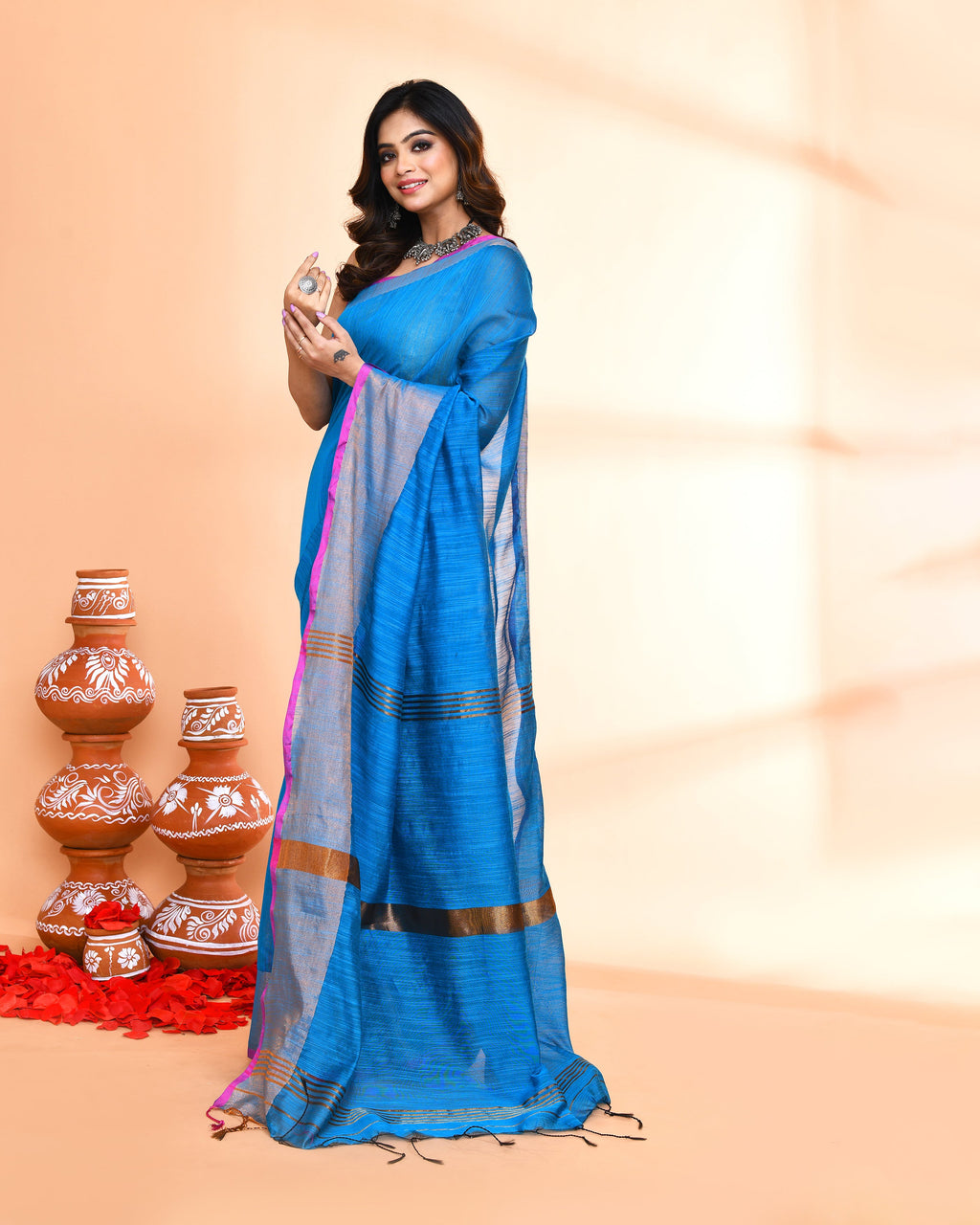 Piyari Fashion Women`s Cotton Silk Sky Blue Handloom Saree With Blouse | Grocsy