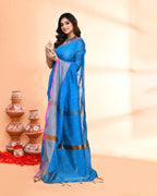 Piyari Fashion Women`s Cotton Silk Sky Blue Handloom Saree With Blouse | Grocsy