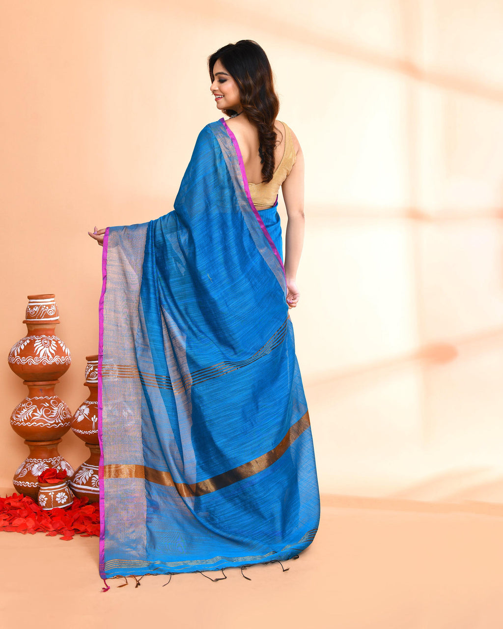Piyari Fashion Women`s Cotton Silk Sky Blue Handloom Saree With Blouse | Grocsy
