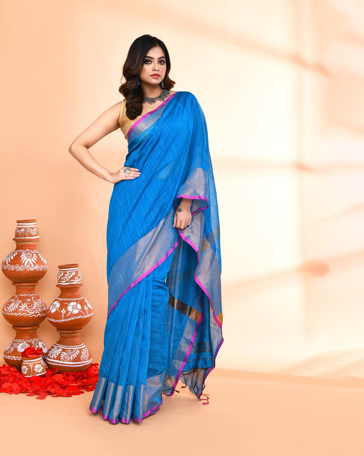 Piyari Fashion Women`s Cotton Silk Sky Blue Handloom Saree With Blouse | Grocsy