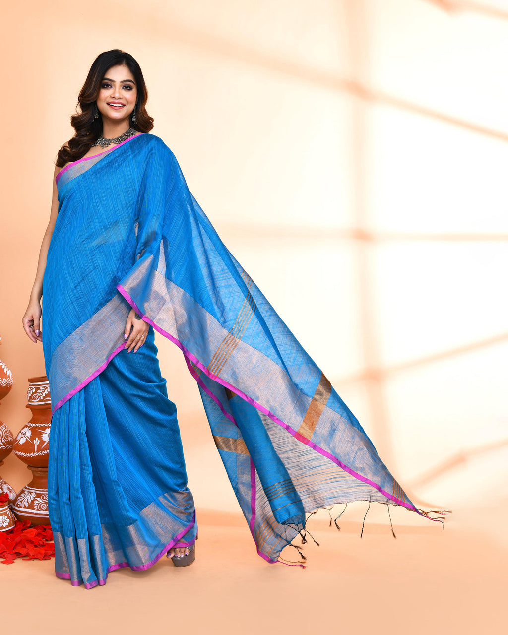 Piyari Fashion Women`s Cotton Silk Sky Blue Handloom Saree With Blouse | Grocsy