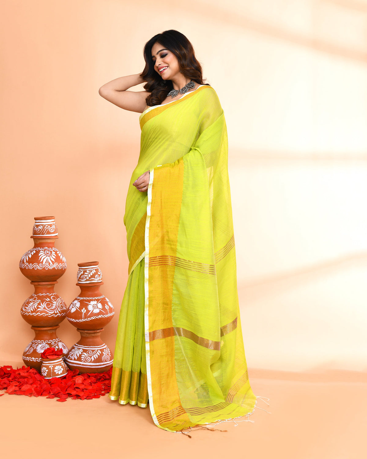 Piyari Fashion Women`s Cotton Silk Lemon Handloom Saree With Blouse | Grocsy