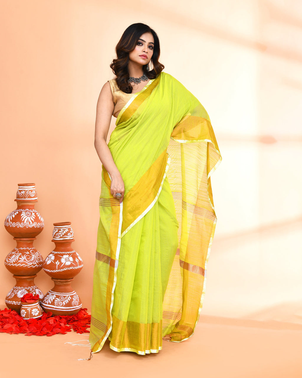 Piyari Fashion Women`s Cotton Silk Lemon Handloom Saree With Blouse | Grocsy