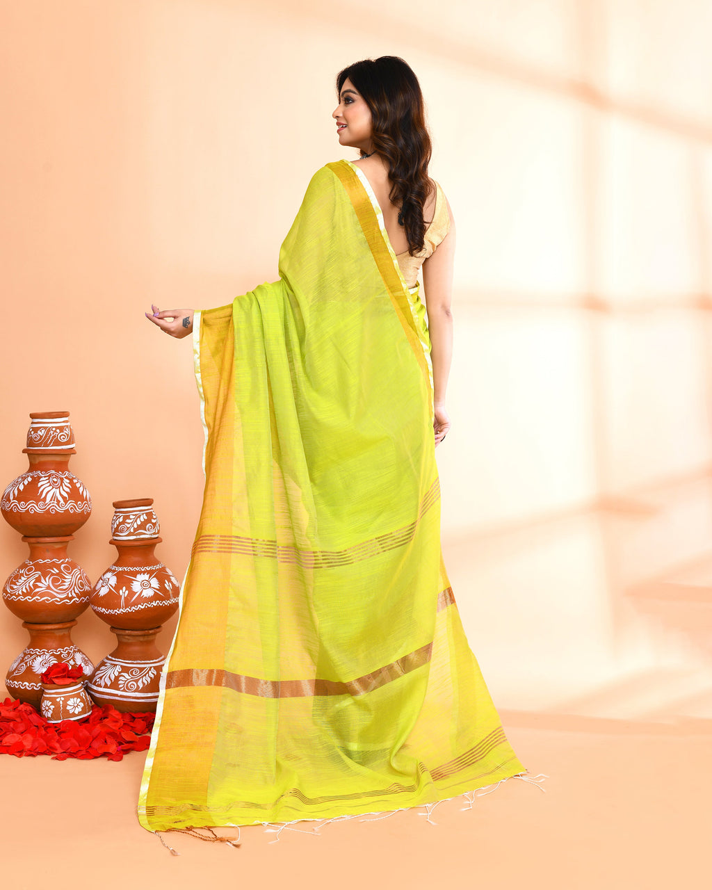 Piyari Fashion Women`s Cotton Silk Lemon Handloom Saree With Blouse | Grocsy