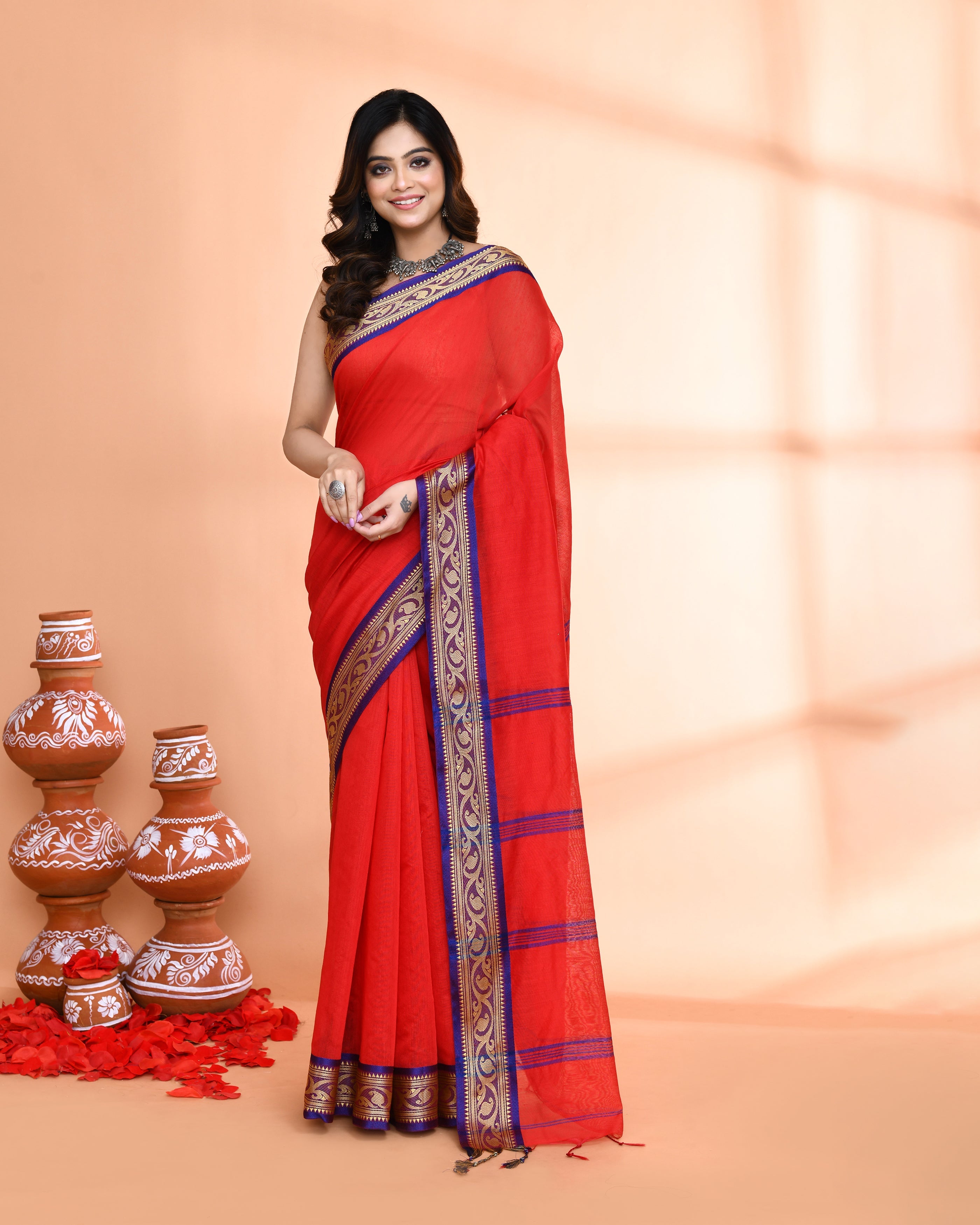 Piyari Fashion Women`s Cotton Silk Red Handloom Saree With Blouse | Grocsy