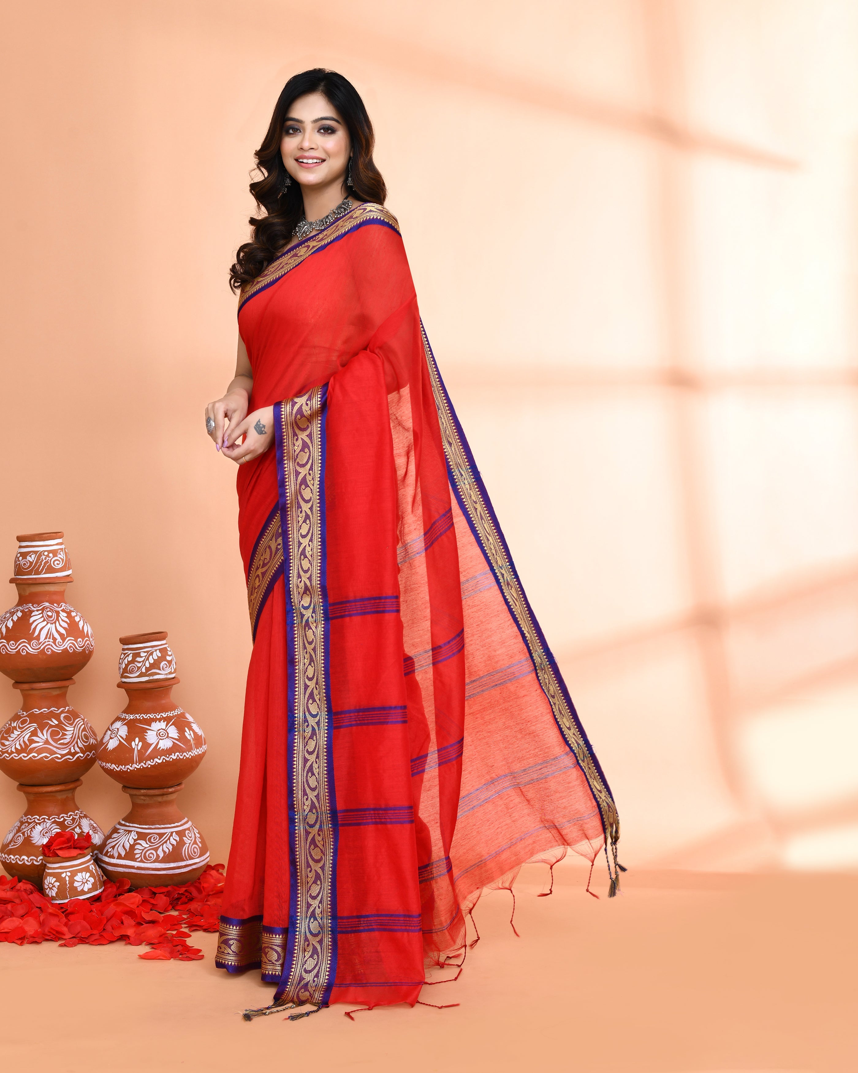 Piyari Fashion Women`s Cotton Silk Red Handloom Saree With Blouse | Grocsy