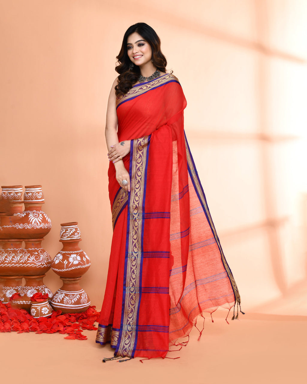Piyari Fashion Women`s Cotton Silk Red Handloom Saree With Blouse | Grocsy