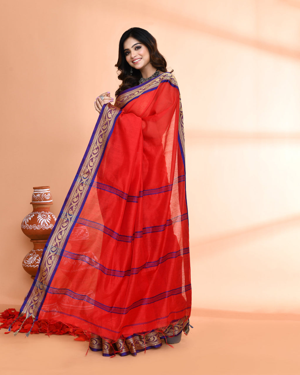Piyari Fashion Women`s Cotton Silk Red Handloom Saree With Blouse | Grocsy