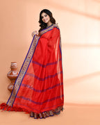Piyari Fashion Women`s Cotton Silk Red Handloom Saree With Blouse | Grocsy