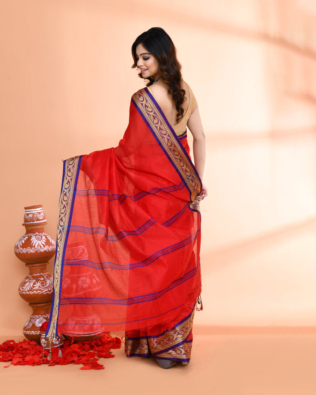 Piyari Fashion Women`s Cotton Silk Red Handloom Saree With Blouse | Grocsy