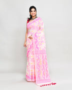Piyari Fashion Women's Off White Pink Cotton Silk Jamdani Saree | Grocsy