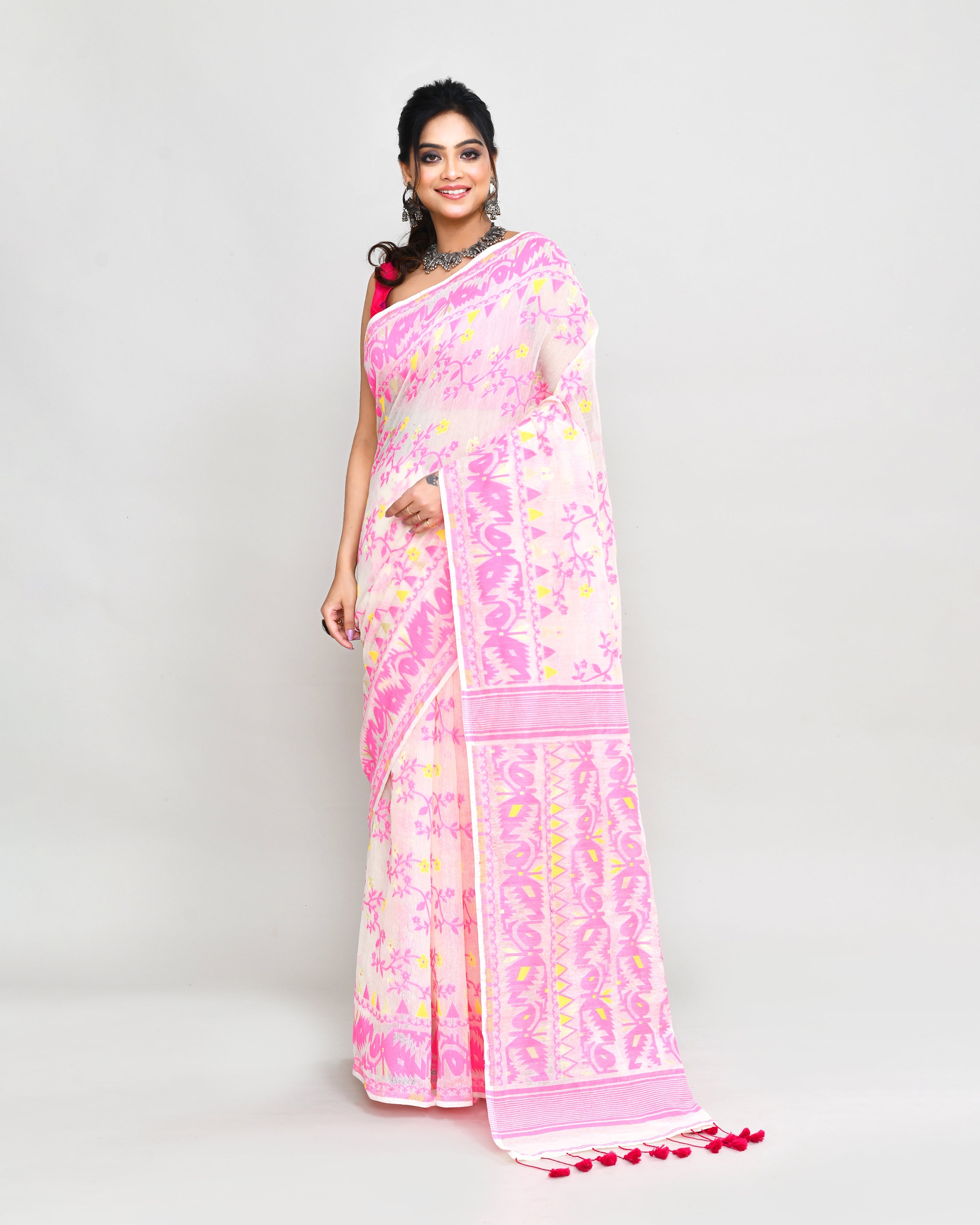Piyari Fashion Women's Off White Pink Cotton Silk Jamdani Saree | Grocsy