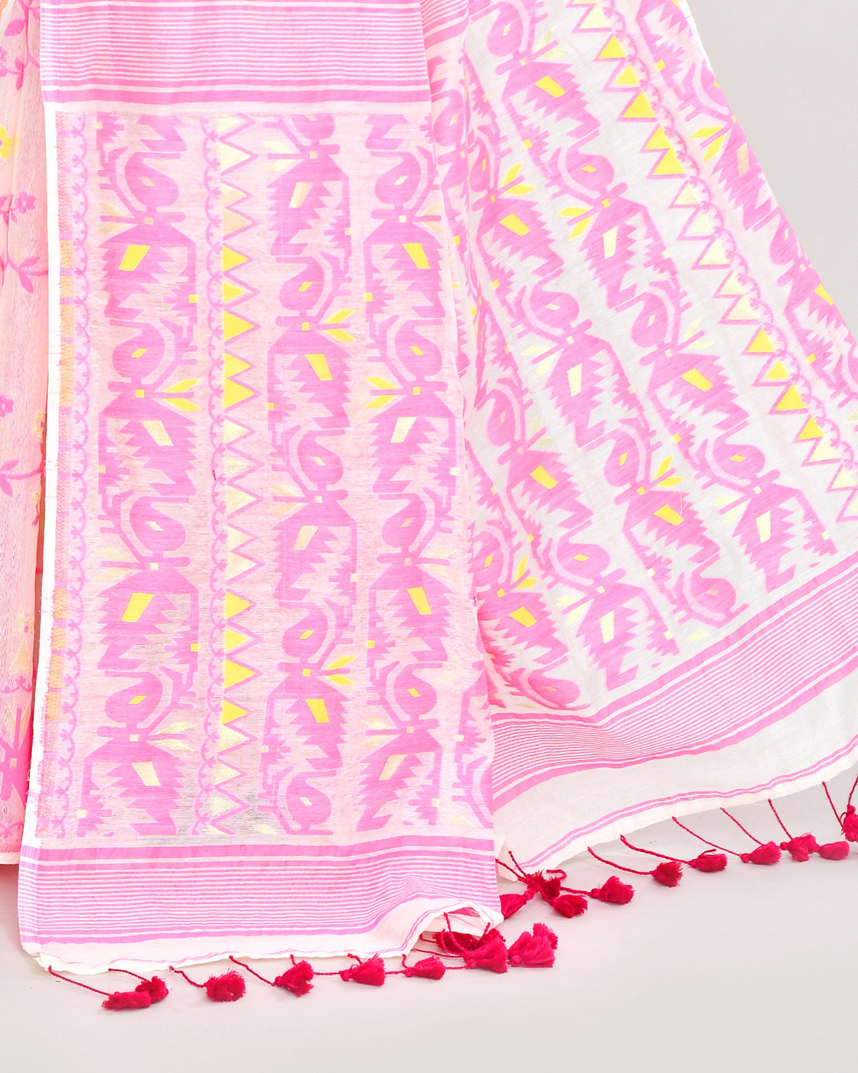 Piyari Fashion Women's Off White Pink Cotton Silk Jamdani Saree | Grocsy