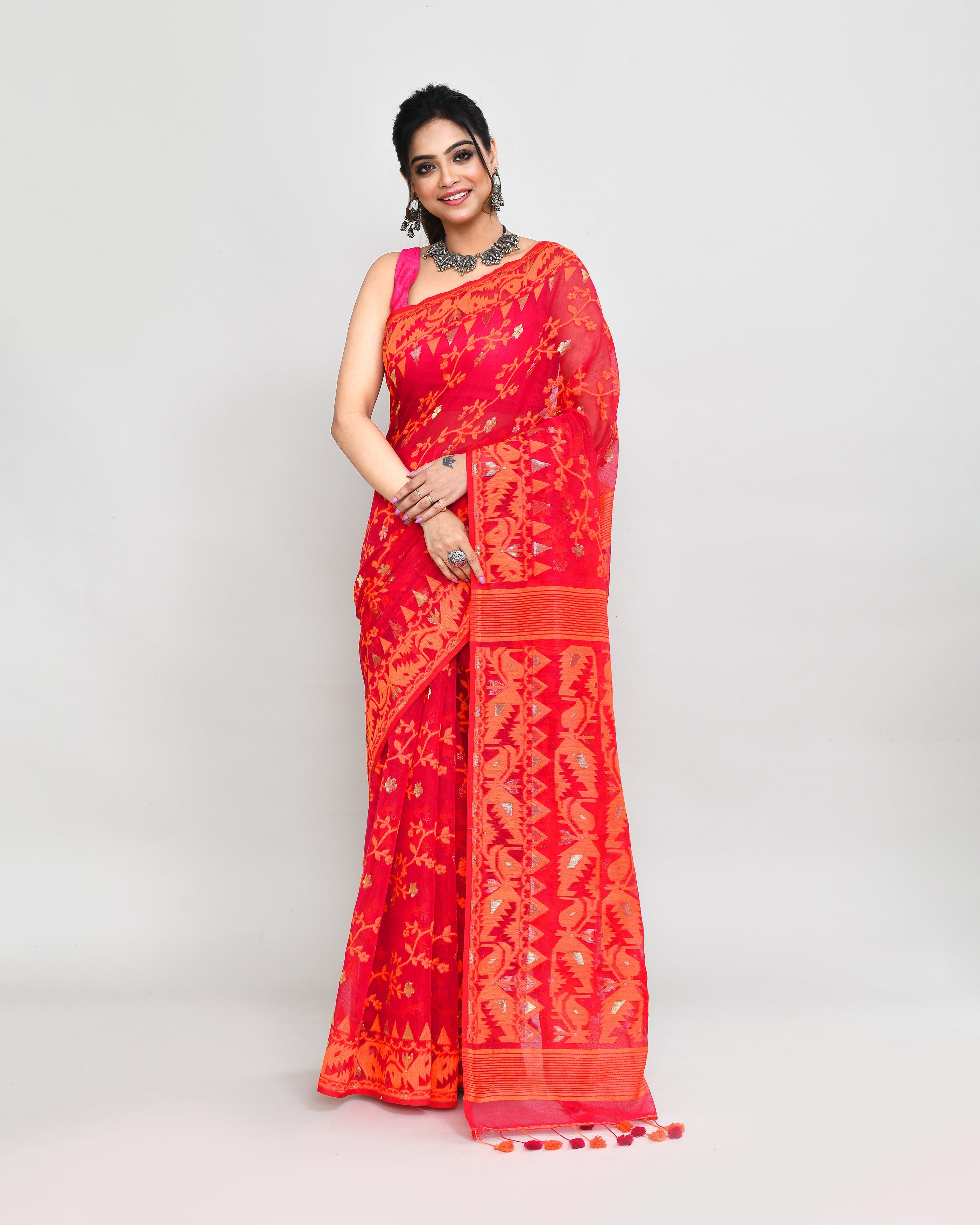 Piyari Fashion Women's Rani Orange Cotton Silk Jamdani Saree | Grocsy