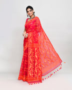 Piyari Fashion Women's Rani Orange Cotton Silk Jamdani Saree | Grocsy