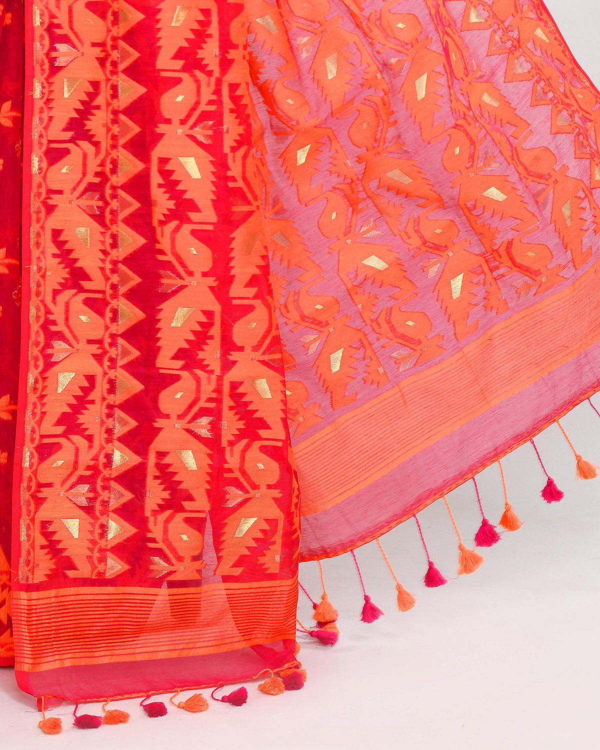 Piyari Fashion Women's Rani Orange Cotton Silk Jamdani Saree | Grocsy