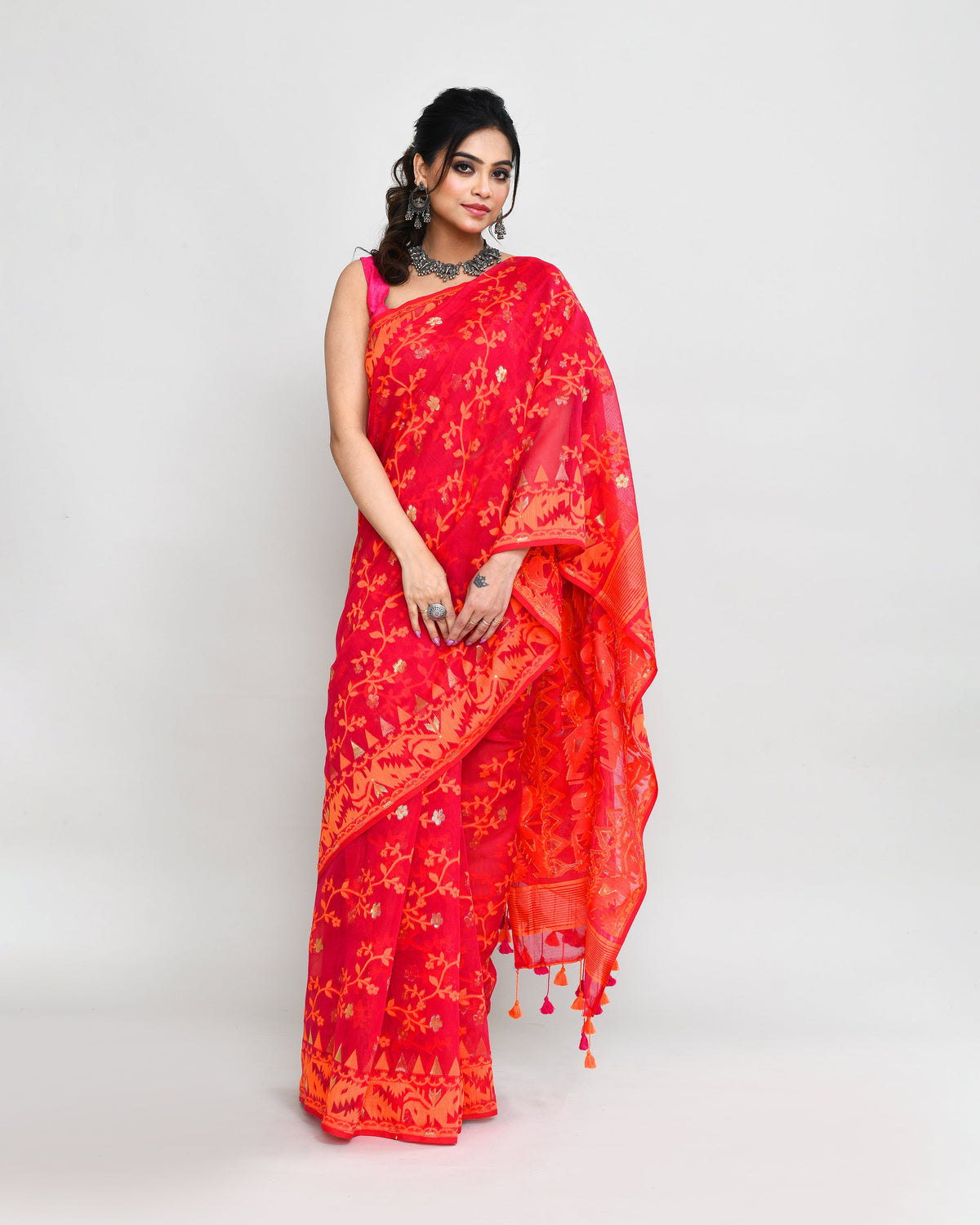 Piyari Fashion Women's Rani Orange Cotton Silk Jamdani Saree | Grocsy