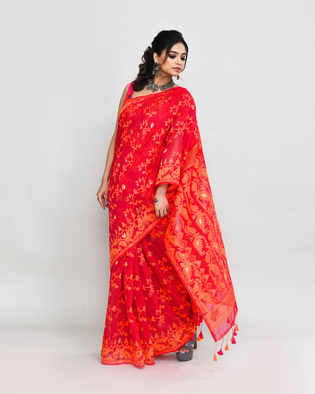 Piyari Fashion Women's Rani Orange Cotton Silk Jamdani Saree | Grocsy