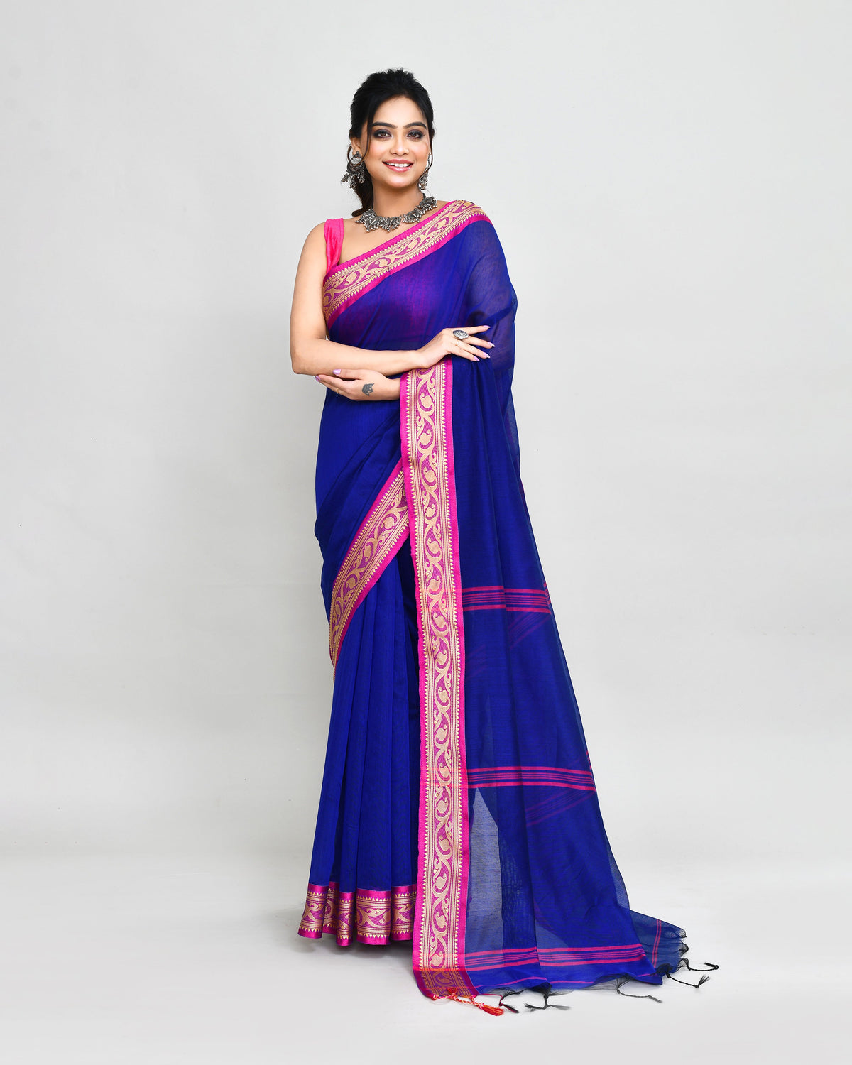 Piyari Fashion Women`s Cotton Silk Royel Blue Handloom Saree With Blouse | Grocsy