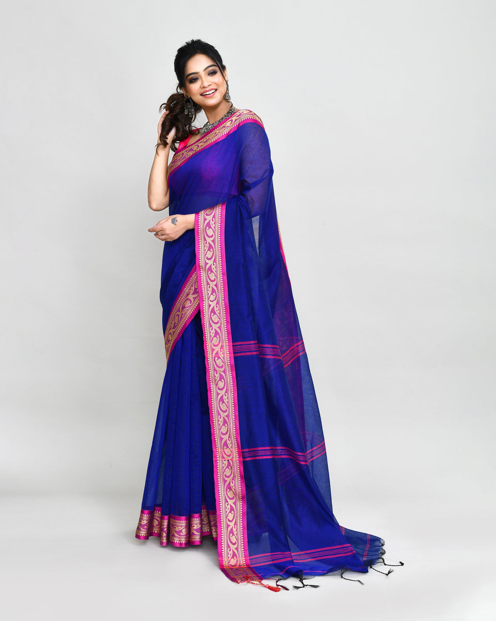 Piyari Fashion Women`s Cotton Silk Royel Blue Handloom Saree With Blouse | Grocsy