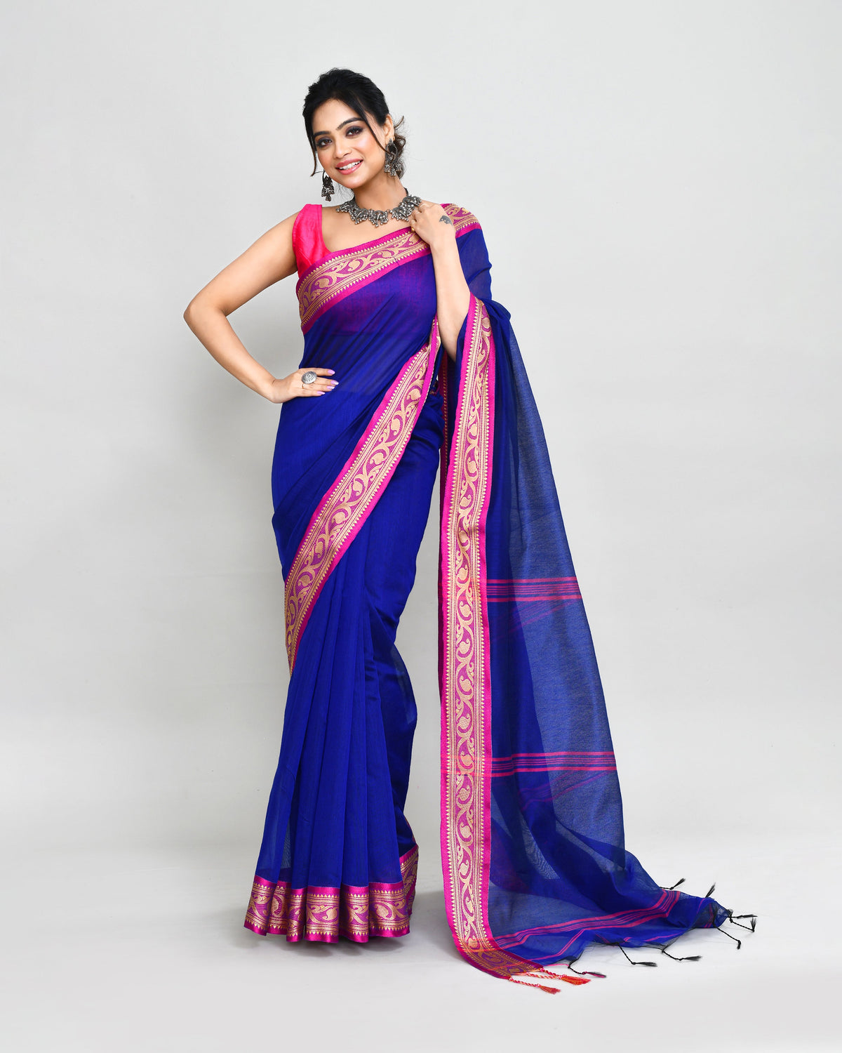 Piyari Fashion Women`s Cotton Silk Royel Blue Handloom Saree With Blouse | Grocsy