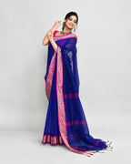 Piyari Fashion Women`s Cotton Silk Royel Blue Handloom Saree With Blouse | Grocsy
