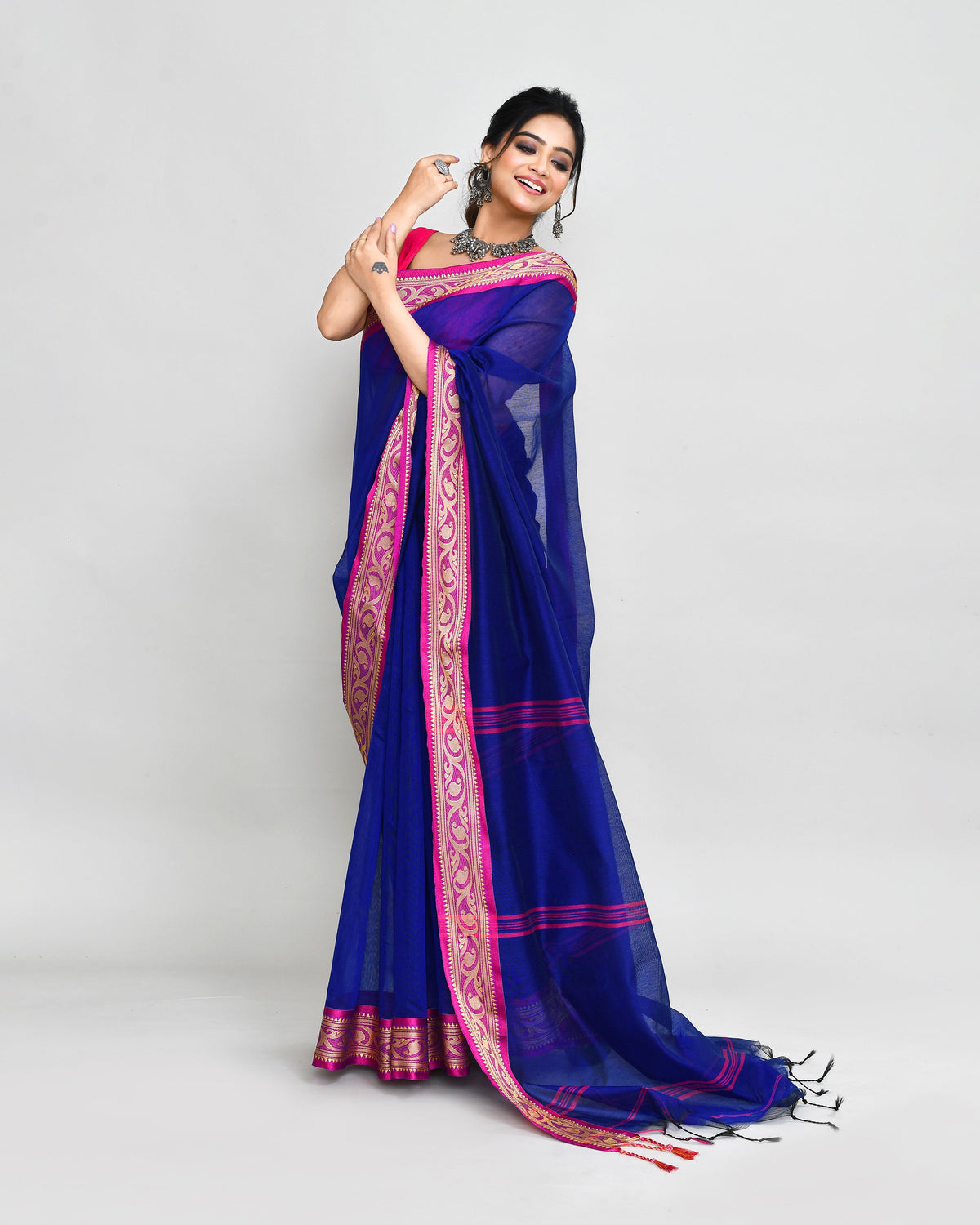 Piyari Fashion Women`s Cotton Silk Royel Blue Handloom Saree With Blouse | Grocsy