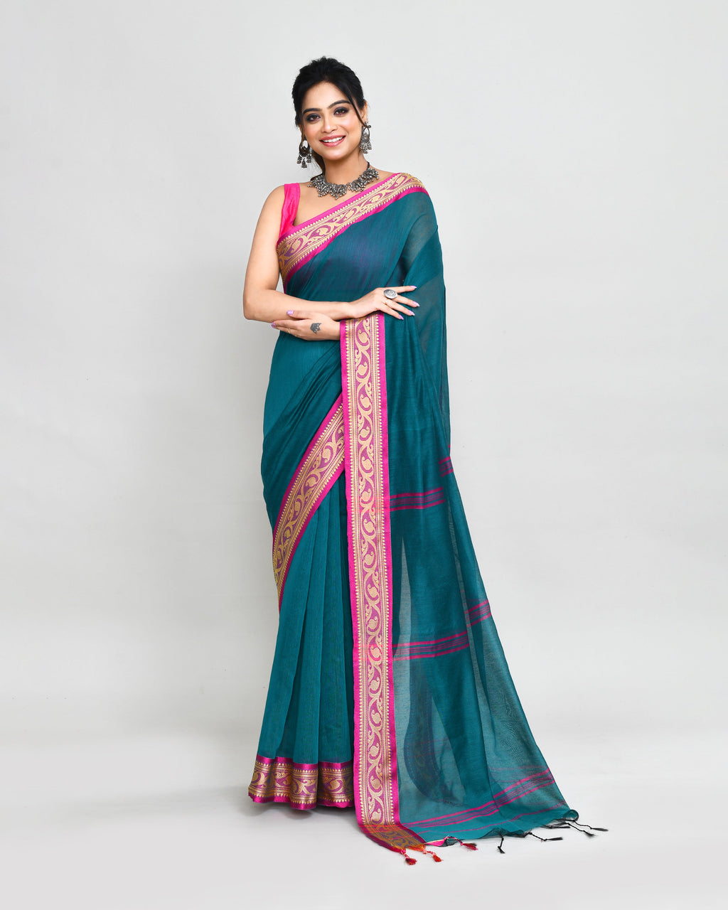 Piyari Fashion Women`s Cotton Silk Teal Handloom Saree With Blouse | Grocsy
