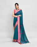 Piyari Fashion Women`s Cotton Silk Teal Handloom Saree With Blouse | Grocsy