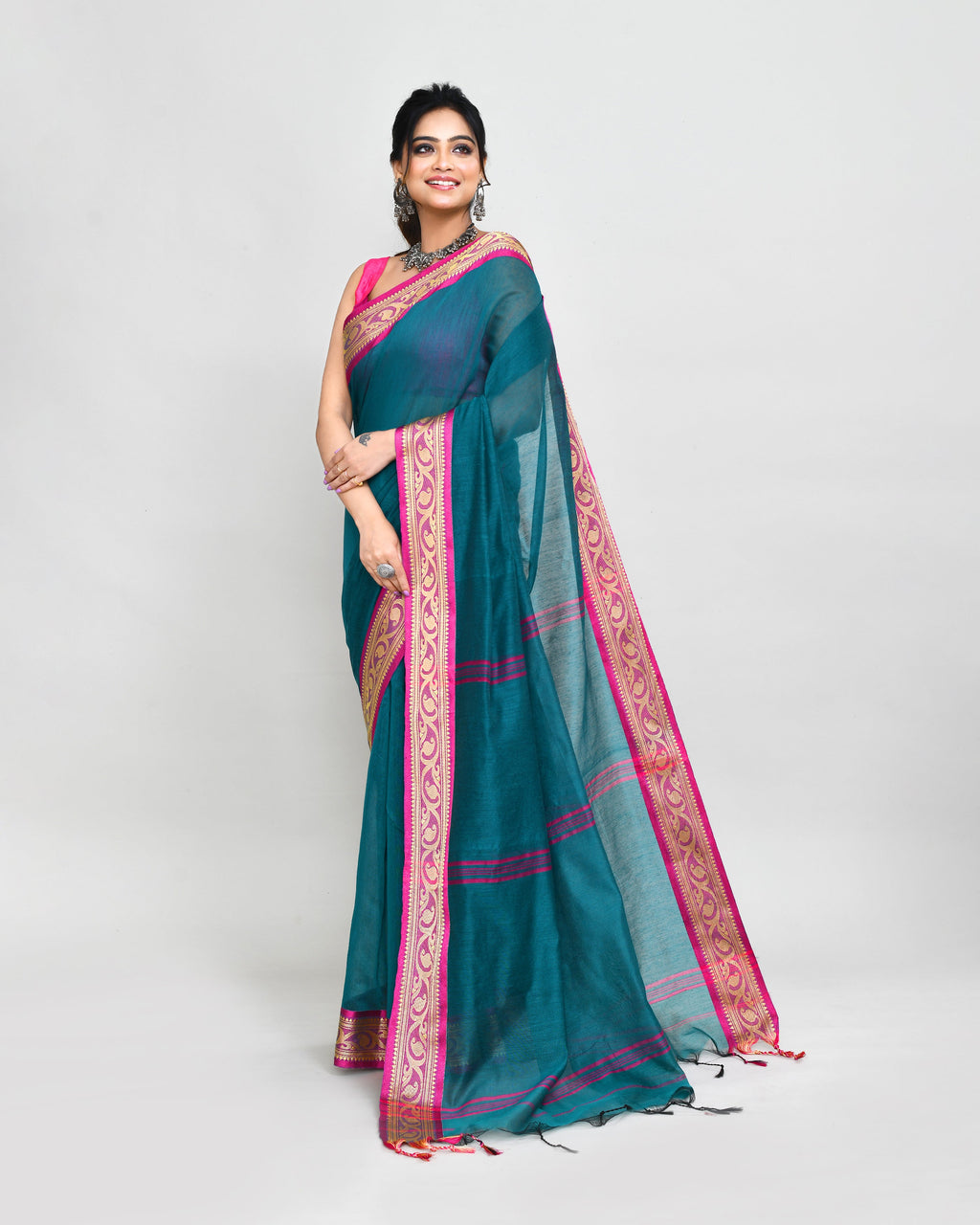 Piyari Fashion Women`s Cotton Silk Teal Handloom Saree With Blouse | Grocsy