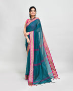 Piyari Fashion Women`s Cotton Silk Teal Handloom Saree With Blouse | Grocsy