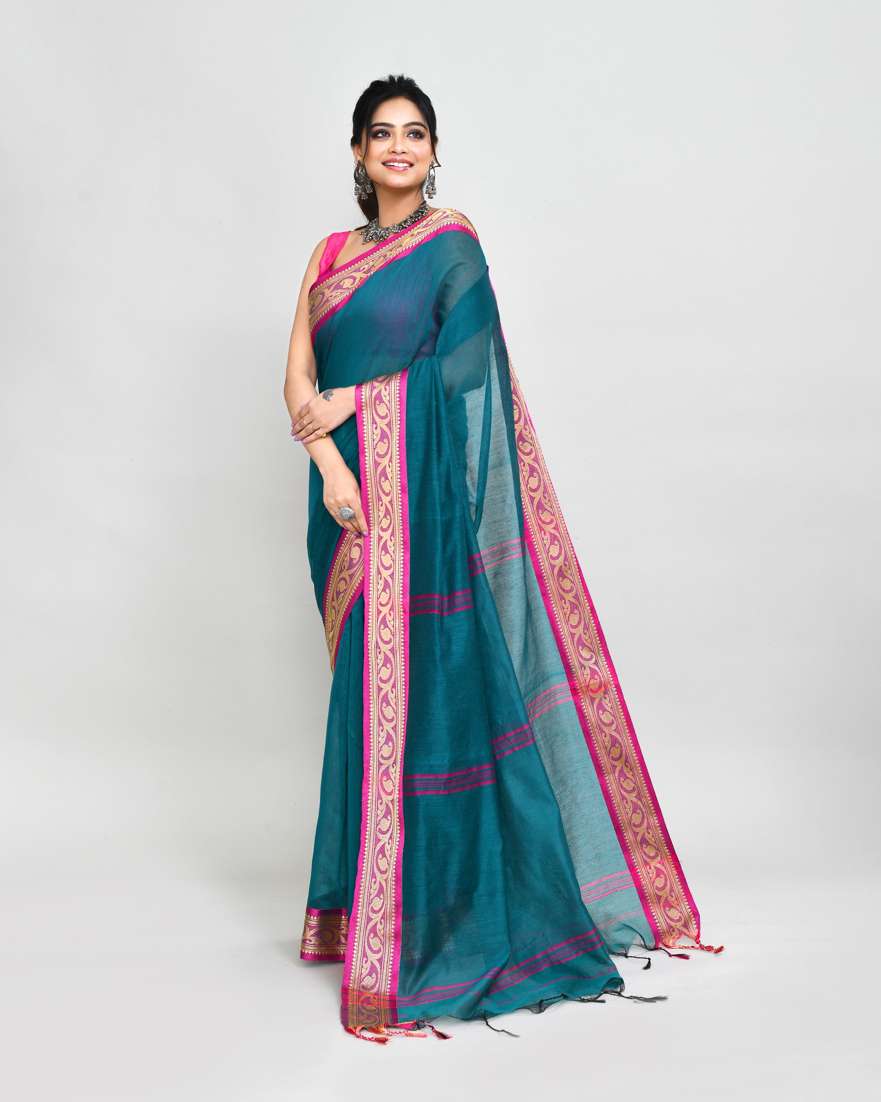 Piyari Fashion Women`s Cotton Silk Teal Handloom Saree With Blouse | Grocsy