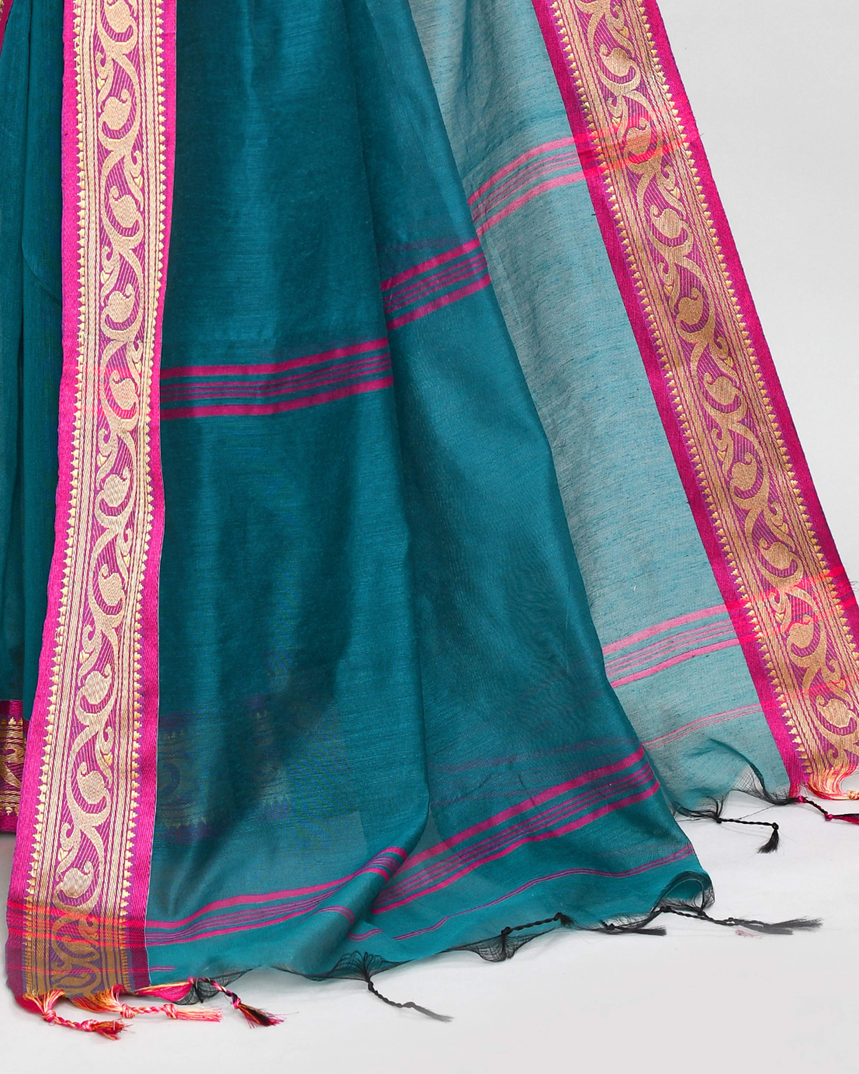 Piyari Fashion Women`s Cotton Silk Teal Handloom Saree With Blouse | Grocsy
