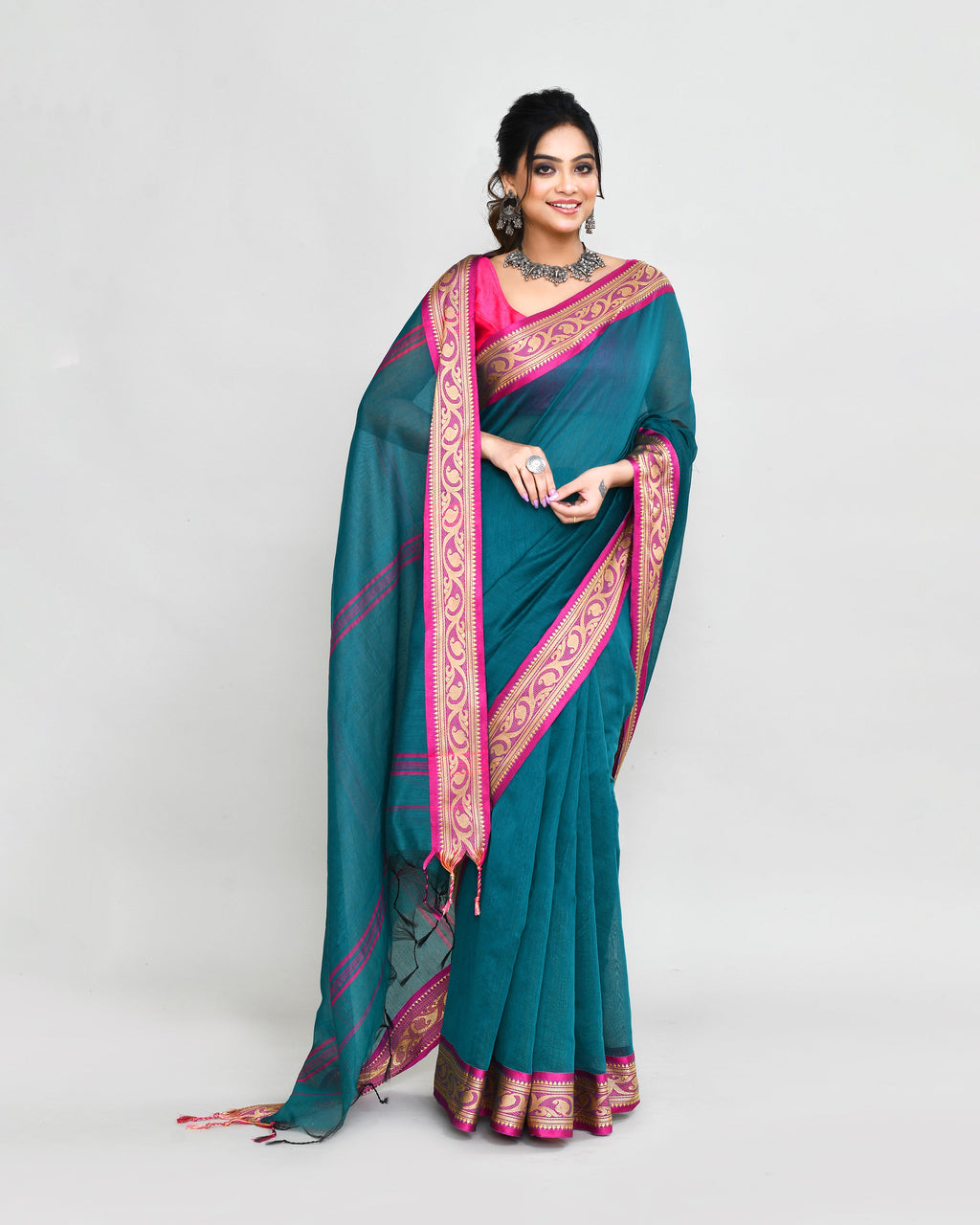 Piyari Fashion Women`s Cotton Silk Teal Handloom Saree With Blouse | Grocsy