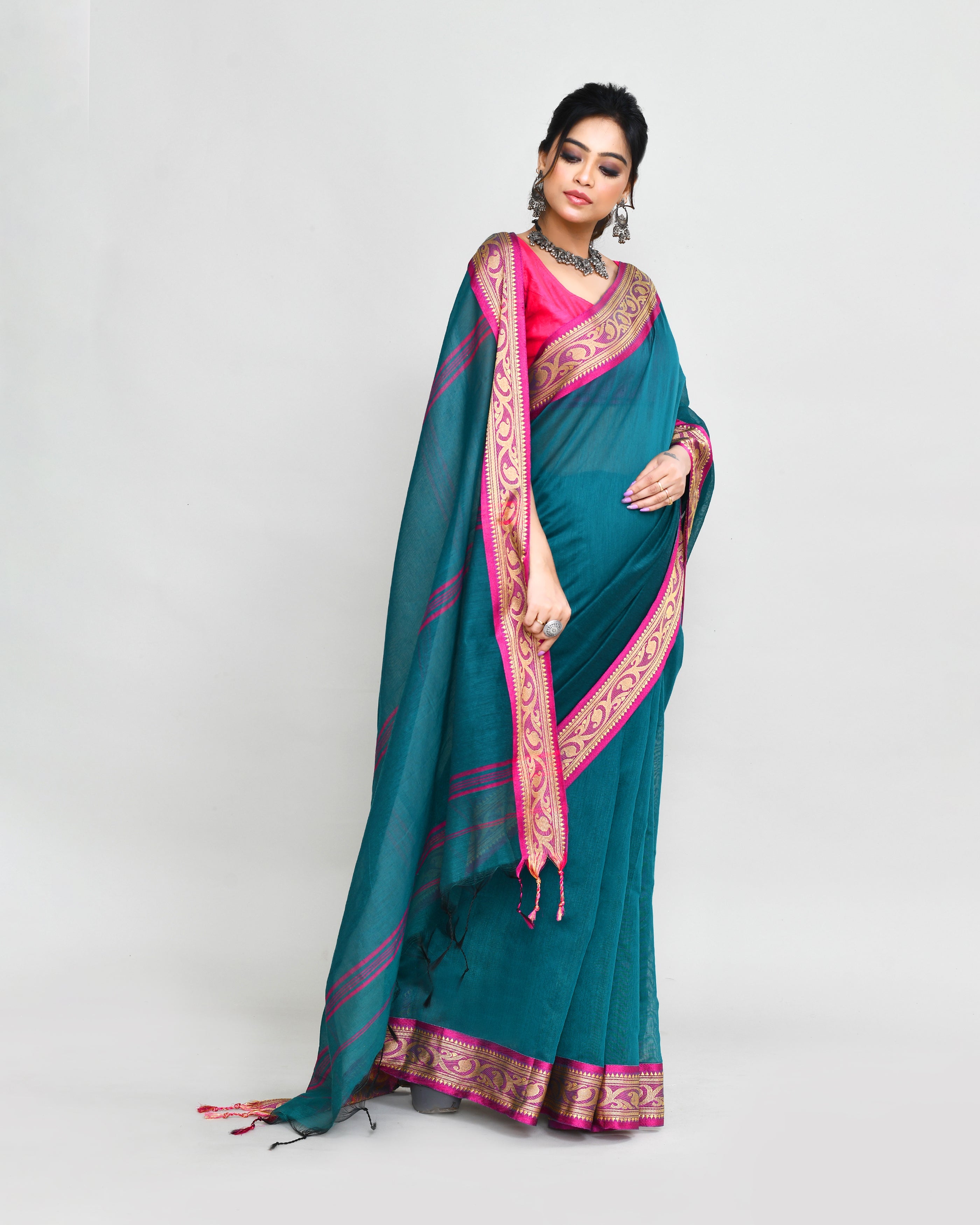 Piyari Fashion Women`s Cotton Silk Teal Handloom Saree With Blouse | Grocsy