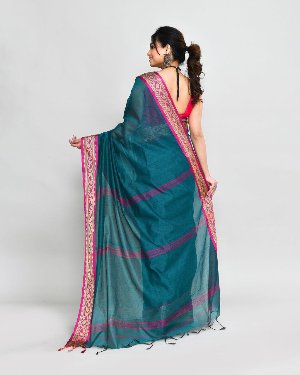 Piyari Fashion Women`s Cotton Silk Teal Handloom Saree With Blouse | Grocsy